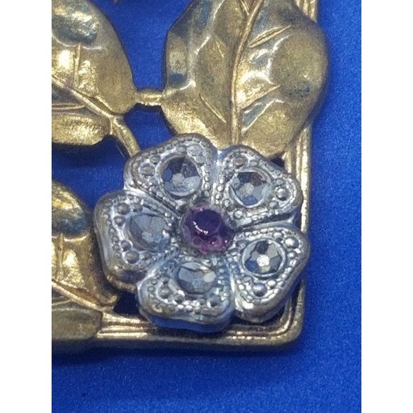 Vintage Rectangle Open Flowers Leaves Rhinestone Gold and Silver Tone Brooch Pin - Picture 5 of 5